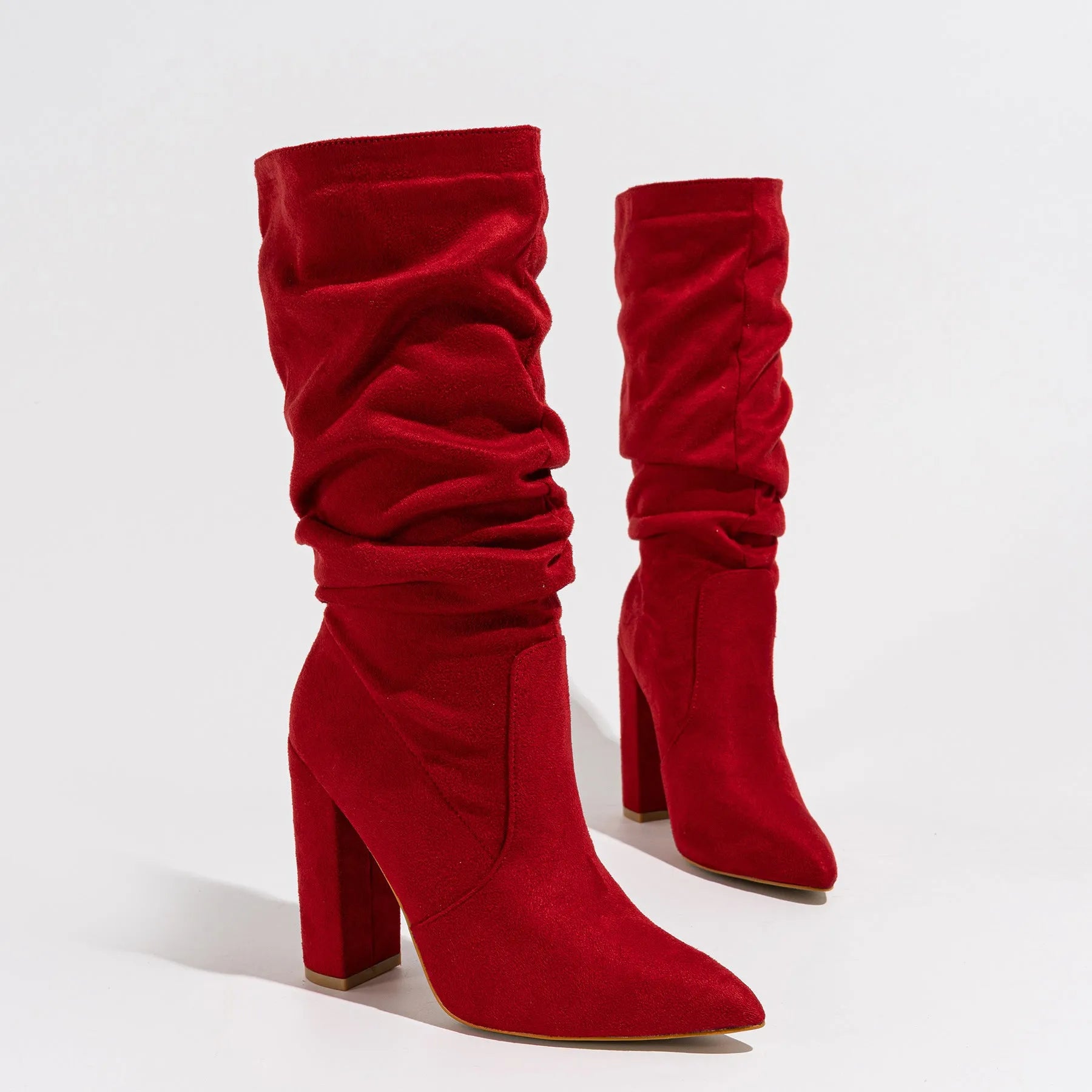 Women's chunky heel pointed-toe suede boots in black, apricot, or red with 8cm+ heel height