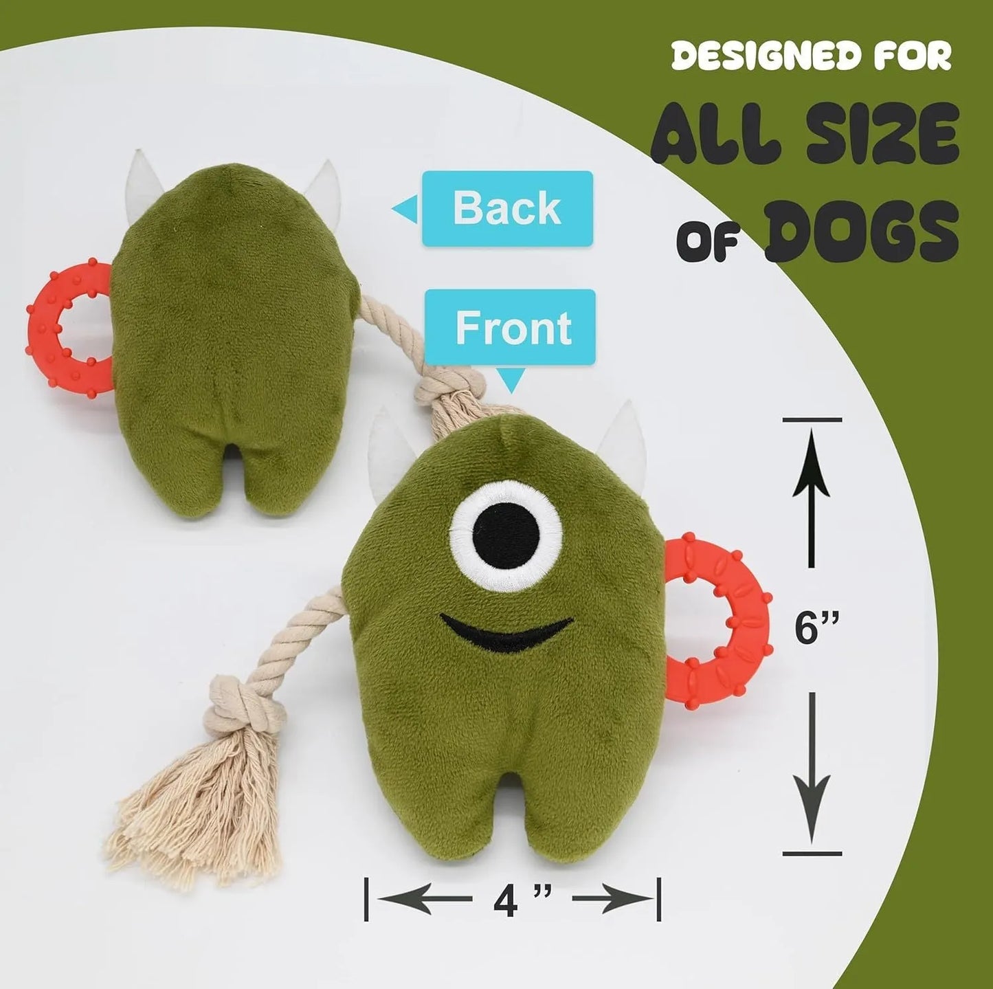 Blue and green plush dog toy with integrated cotton rope and squeaker for interactive play