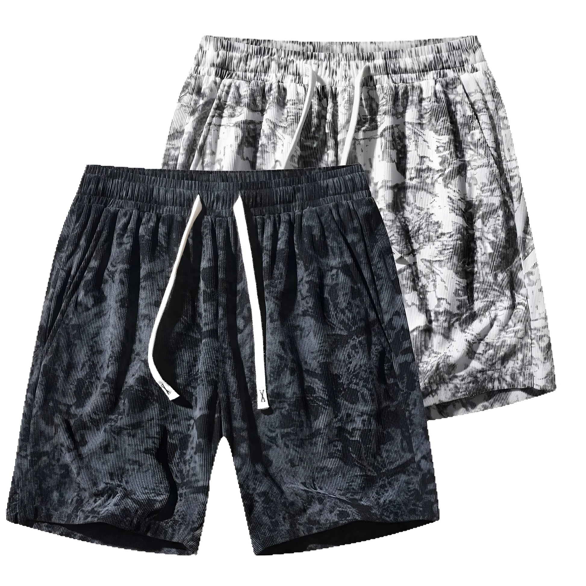 Men's camouflage pattern corduroy athletic shorts with straight leg cut and high waistband