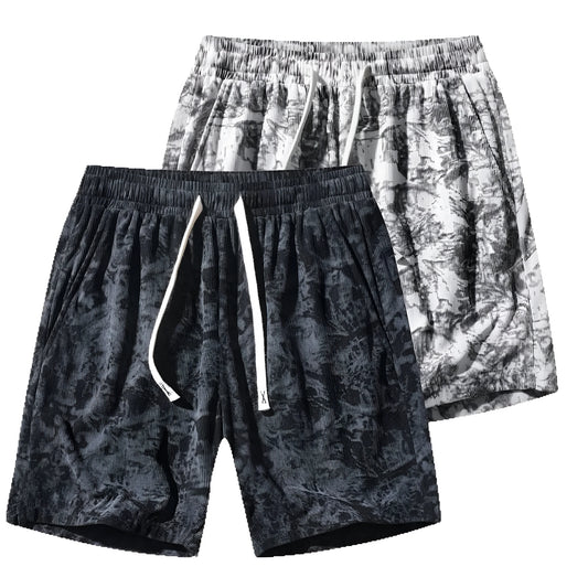 Men's camouflage pattern corduroy athletic shorts with straight leg cut and high waistband