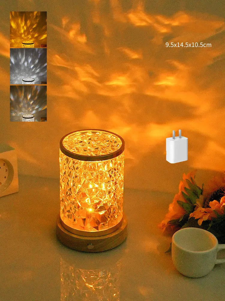 Rotating water ripple night light with acrylic construction and solid wood base measuring 9.5x14.5x10.5cm