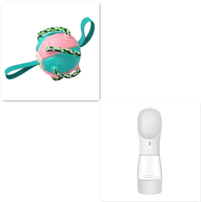 Transforming dog toy that can switch between a ball and frisbee shape, featuring durable construction and interactive play features