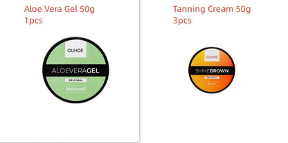 Tanning cream and aloe vera gel set for natural bronzing with after sun repair