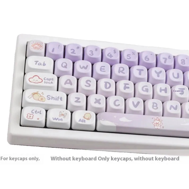 Purple gradient keycap set with rabbit artwork for mechanical keyboards, shown on a black keyboard.