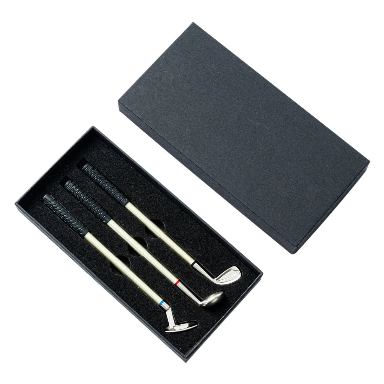 Three metal golf-themed ballpoint pens with 0.7mm bullet tips and normal suit colour refills