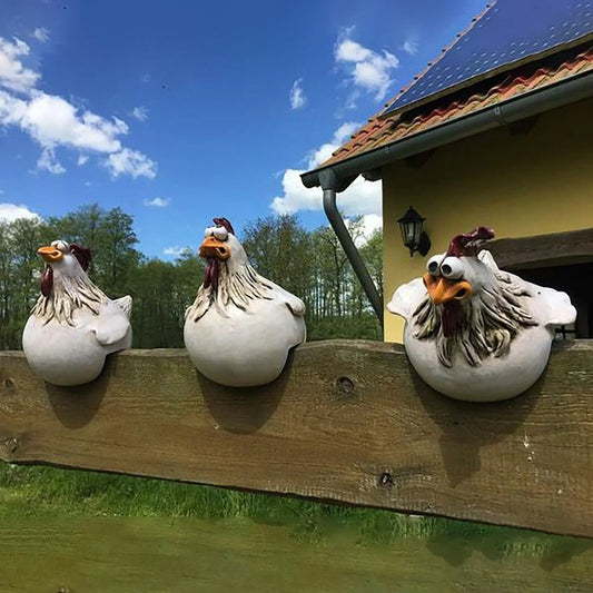 Resin chicken garden statue with vibrant colors and a playful design, perfect for adding charm to outdoor spaces