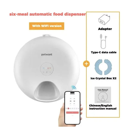 WiFi-enabled automatic pet feeder with app control, six food compartments, and two ice packs.