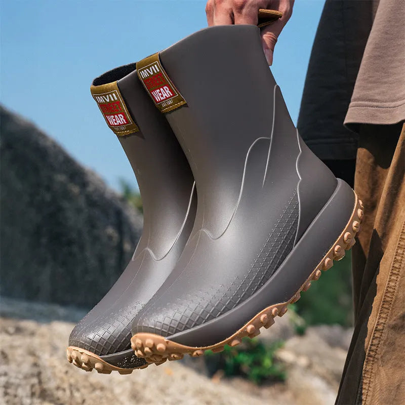 Men's mid low tube rain boots in black red colour with round toe and plastic soles
