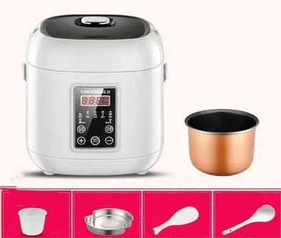 Compact round rice cooker with steam pan, non-stick inner pot, and mechanical dial, sized 160mm x 160mm x 190mm.