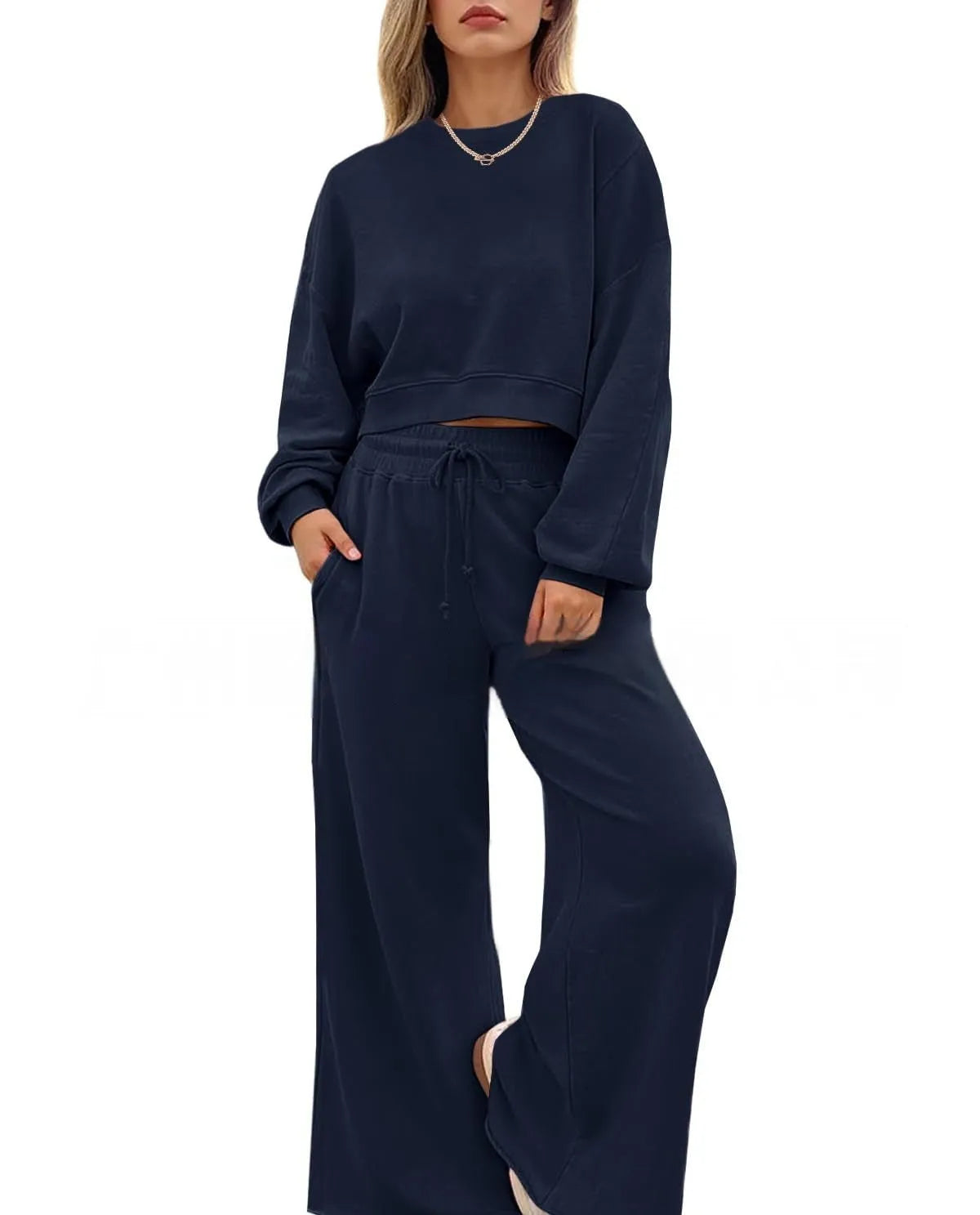 Women's solid colour polyester two-piece set with trousers and long-sleeved top in street hipster style