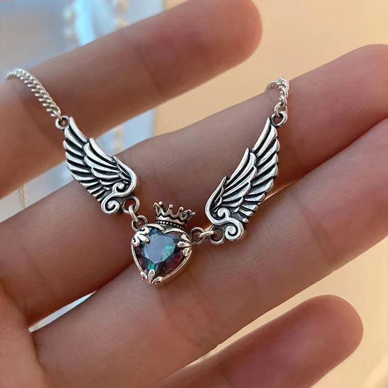 Gothic Heart Crown Angel Wings Pendant Necklace for women featuring a unique design with crystal inlays.