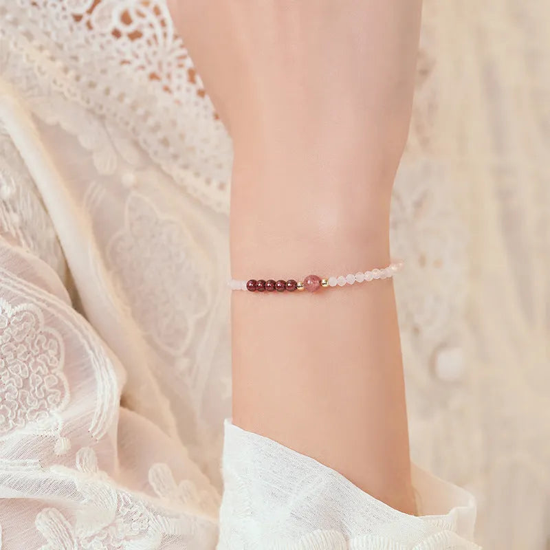 Handmade pink crystal bracelet with strawberry quartz sections, available in 14cm, 15cm and 16cm lengths