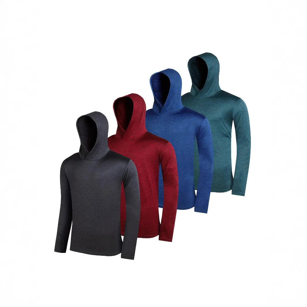 Set of four grey men's lightweight polyester hoodies folded, showing hooded and non-hooded styles.