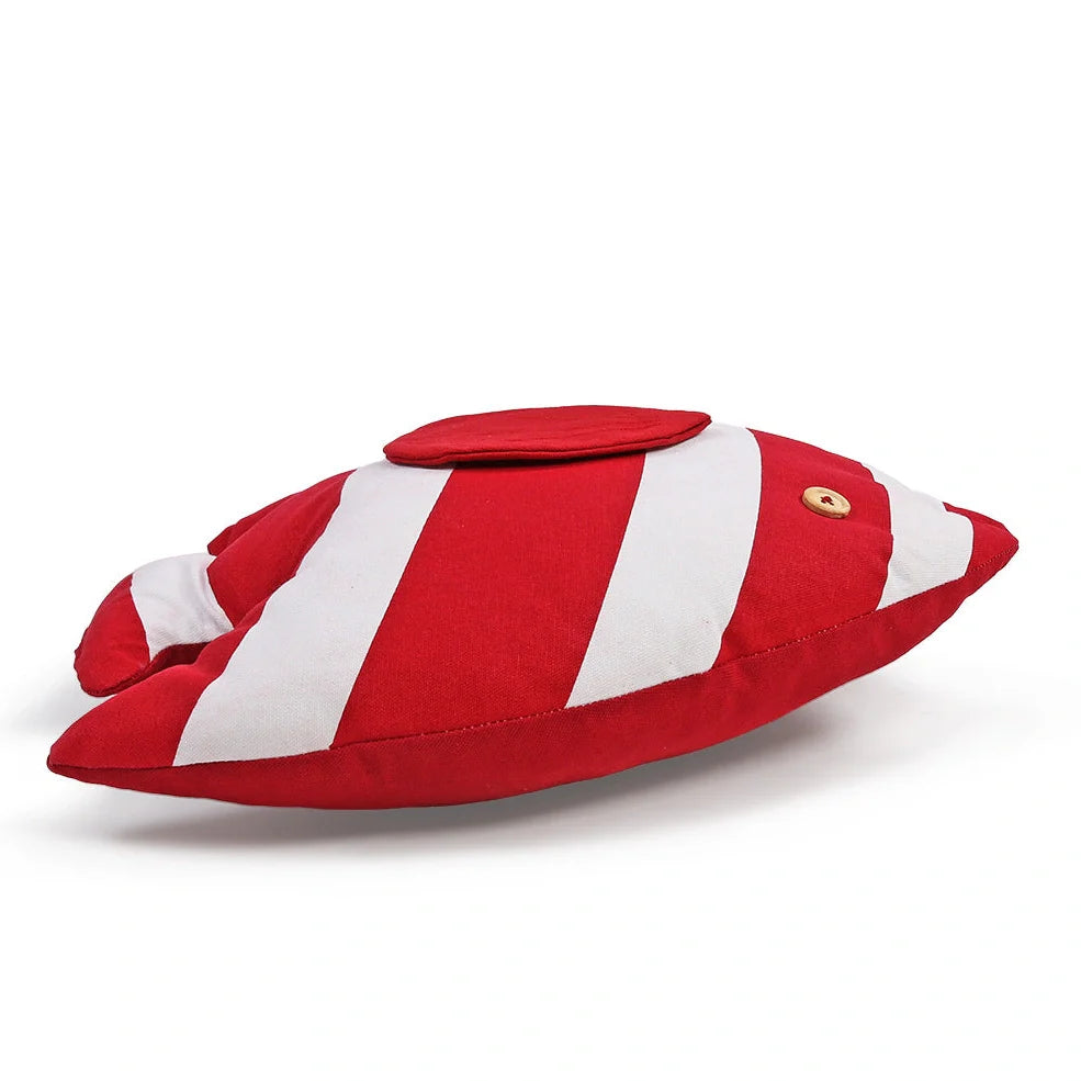 Mediterranean-style cushion with woven red and blue stripes measuring 44x40x10cm with tassel detailing