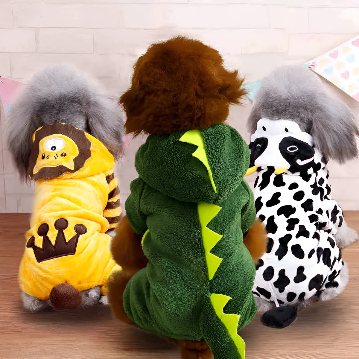 Coral fleece four-legged dog costume in cartoon style, sizes XS to 2XL, five character options
