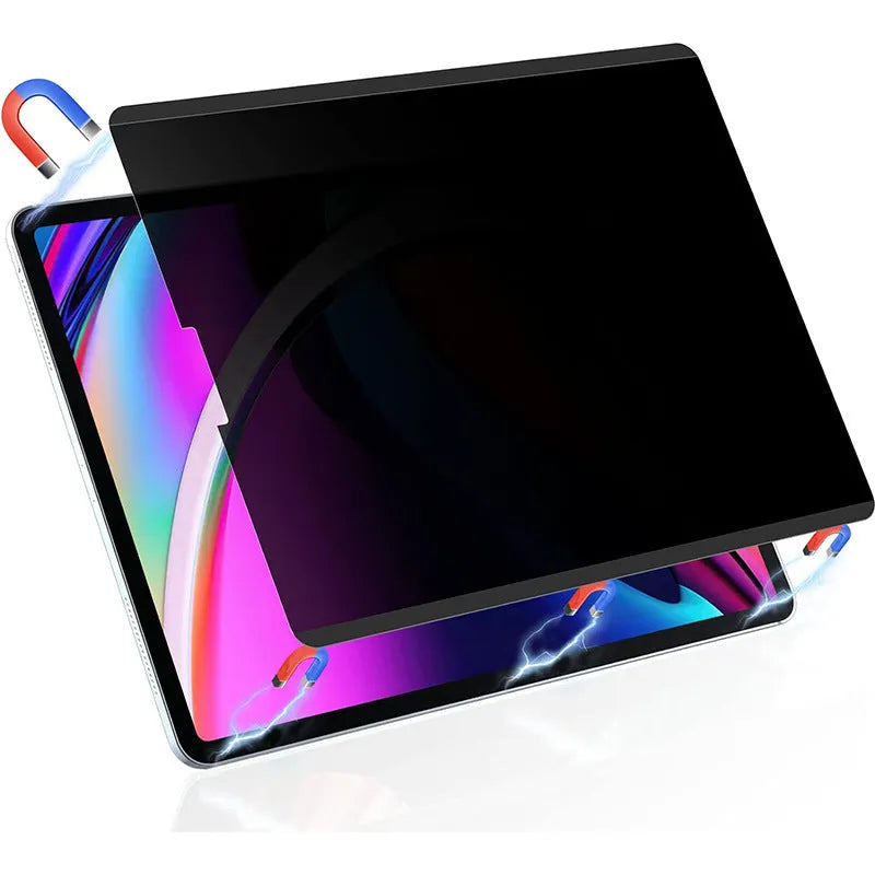 Magnetic suction anti-peeping film for iPad with paper-like texture and storage clip, showing 30-degree privacy angle