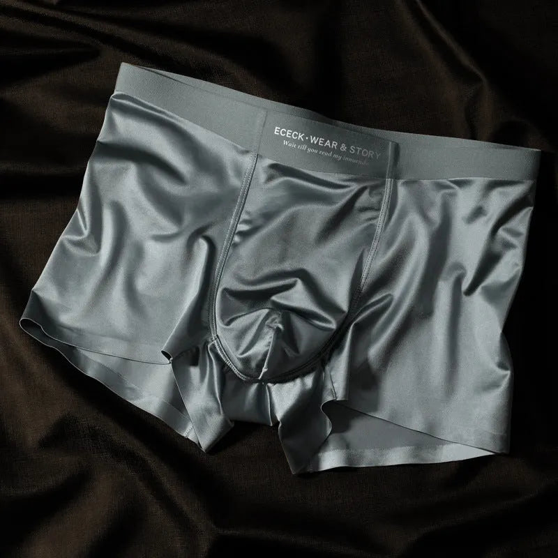 Men's colourblock Ice Silk seamless underwear in blue, brown, gray, and white on a size chart.