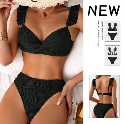 Women's solid colour polyester bikini swimsuit in black or khaki shown as two-piece set