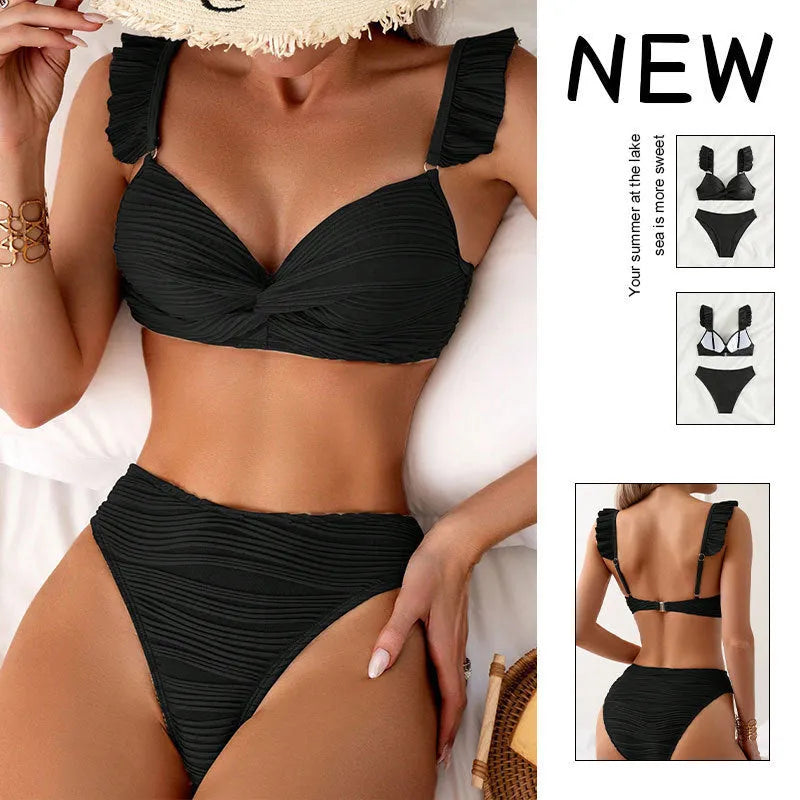 Women's solid colour bikini swimsuit beachwear set in polyester fabric available in sizes S, M, L, XL with colour options of black or khaki, suitable for female swimmers and beachgoers looking for a classic two-piece swimsuit design.