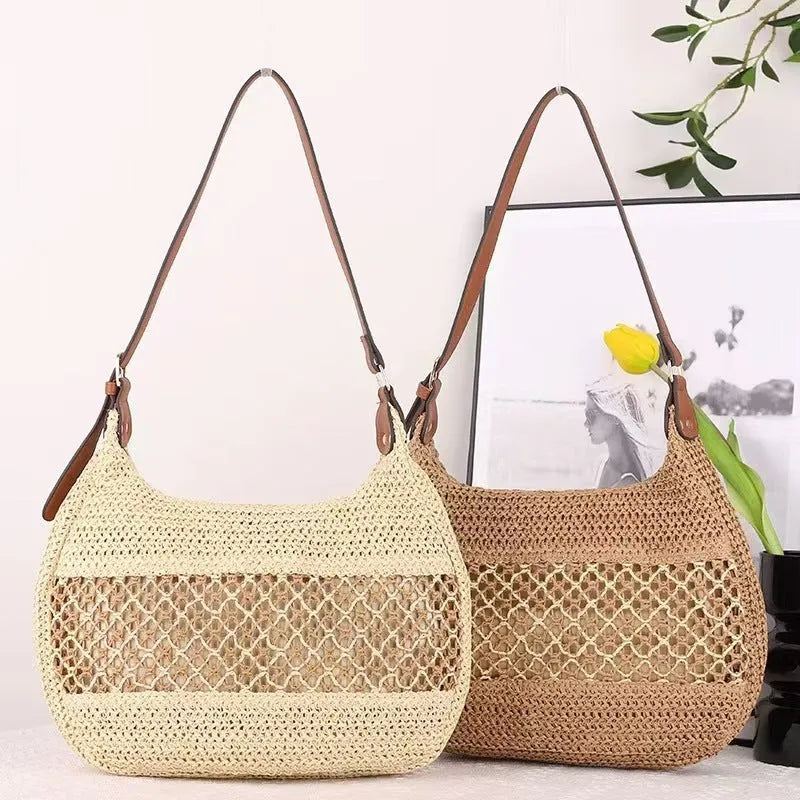 Women's casual straw cross body bag in khaki colour with sandwich pocket design