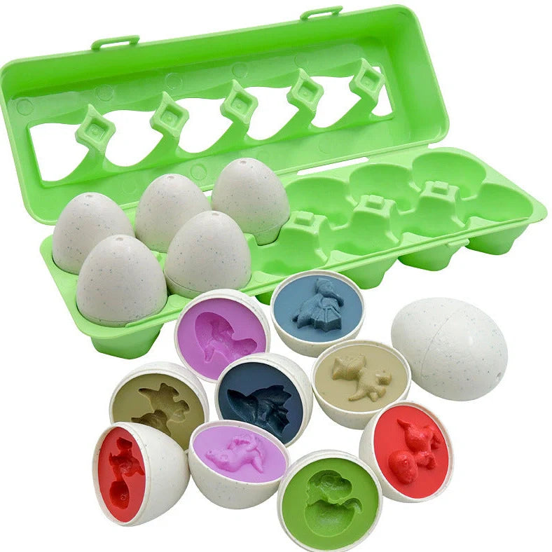 Educational shape matching egg toy with 12 colourful plastic eggs in storage case