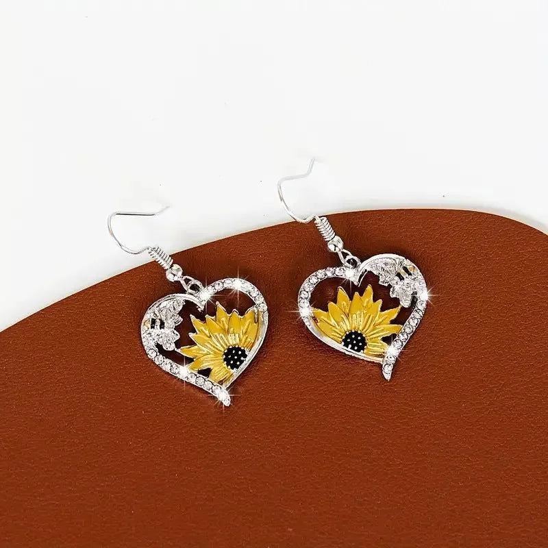 Silver alloy bee sunflower heart fashion earrings with detailed floral and animal motifs