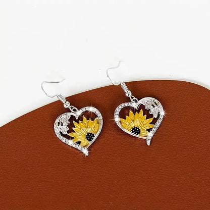 Silver alloy bee sunflower heart fashion earrings with detailed floral and animal motifs