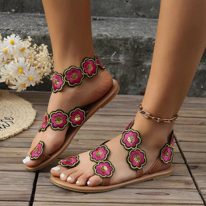 Ethnic style flowers flat sandals for women with clip toe design and rubber sole
