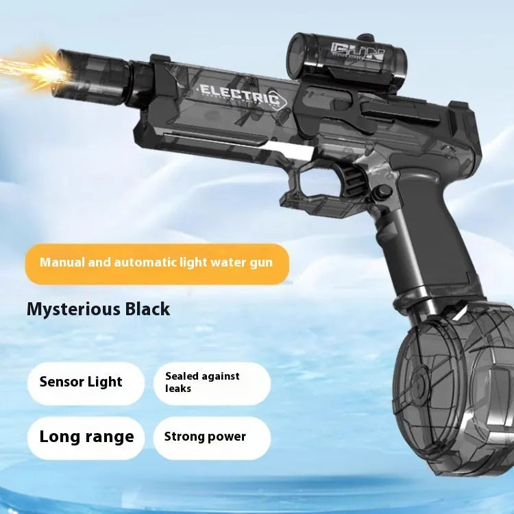 Black and blue electric water pistol toy with LED lights, shown with USB charging cable.