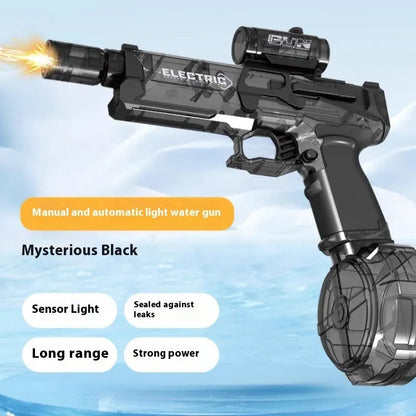 Black and blue electric water pistol toy with LED lights, shown with USB charging cable.