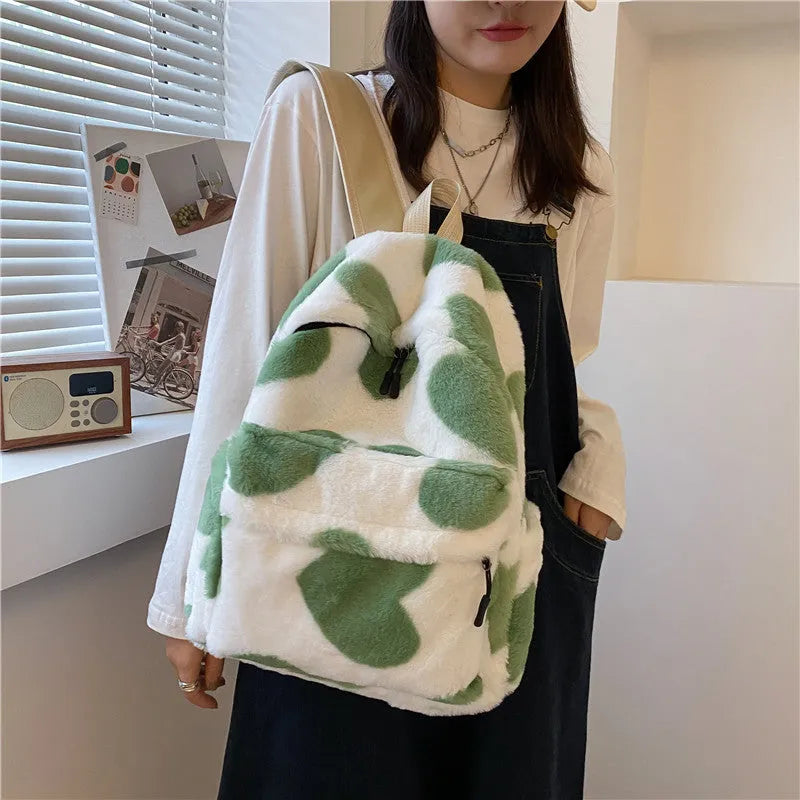 Furry plush backpack with heart pattern and three-dimensional outer pocket in khaki, green, black, pink or briquette