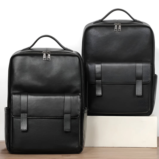 Men's genuine cowhide leather computer backpack in black with 36-55 litre capacity