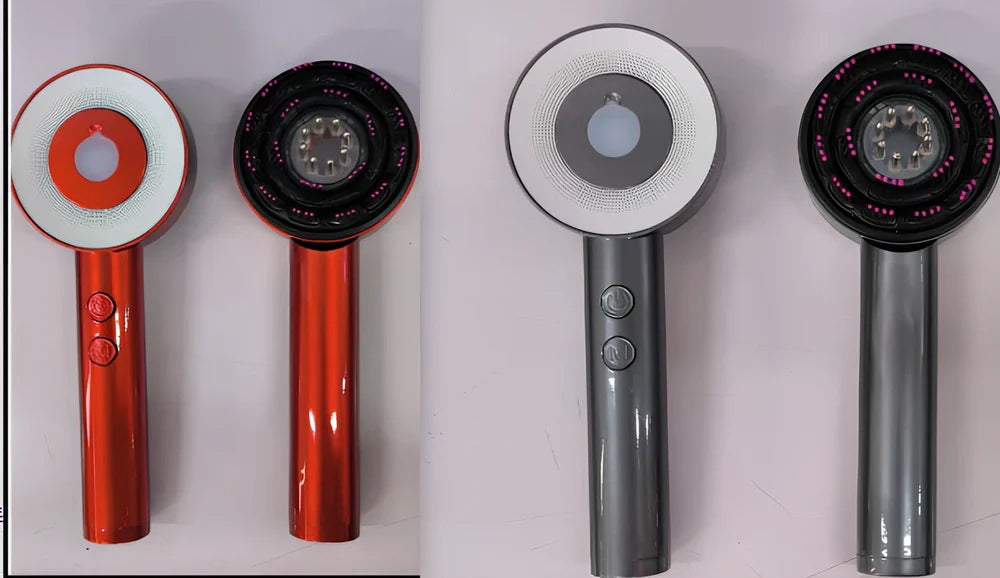 Fluffy comb scalp massager with infrared light therapy functions showing comb attachment and control buttons