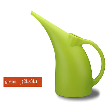 Green watering can with long spout showing measurements and shower head attachment for garden plants