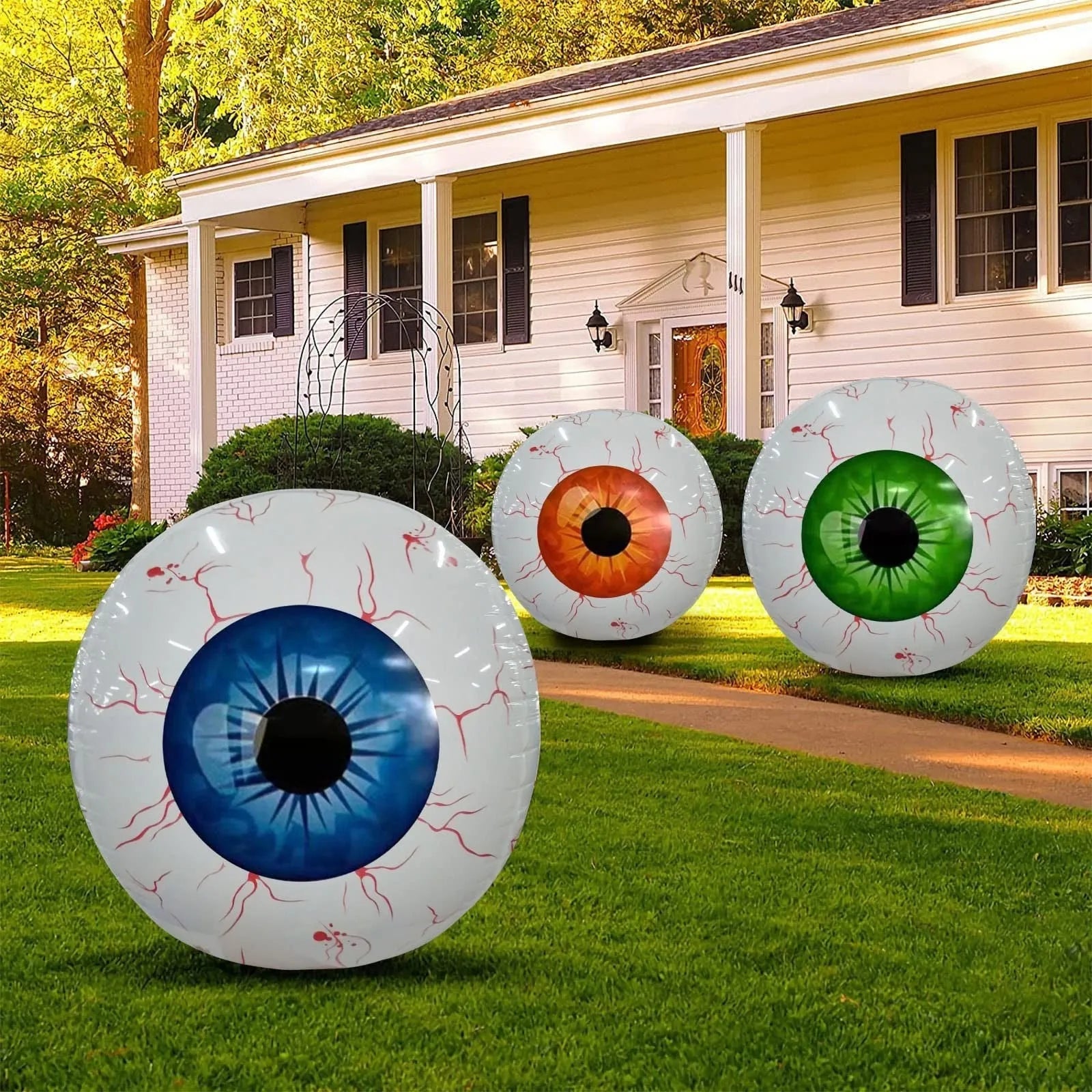 Halloween eyeball balloon with bloodshot design in green, blue, or red, 55 cm when deflated