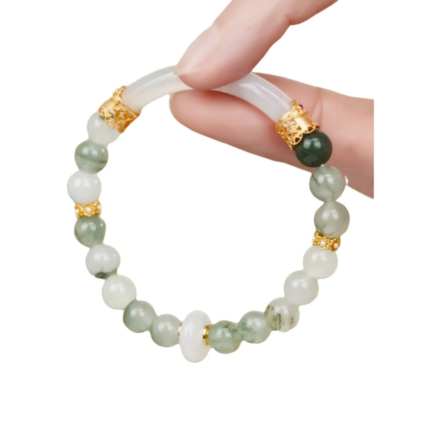 Emerald green Tian Shan Cui stone half bracelet with round beads in national style design for women