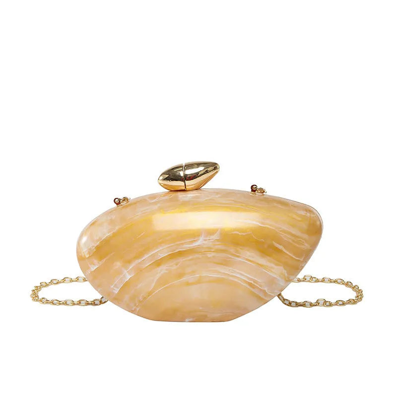 Oval shell goose egg acrylic evening bag with chain shoulder strap, hard outer and mobile phone bag section
