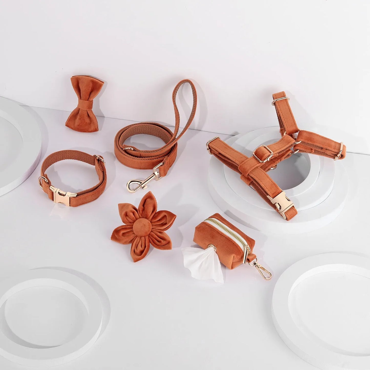 Classic velvet pet collar traction rope set with bow tie decoration and adjustable chest strap