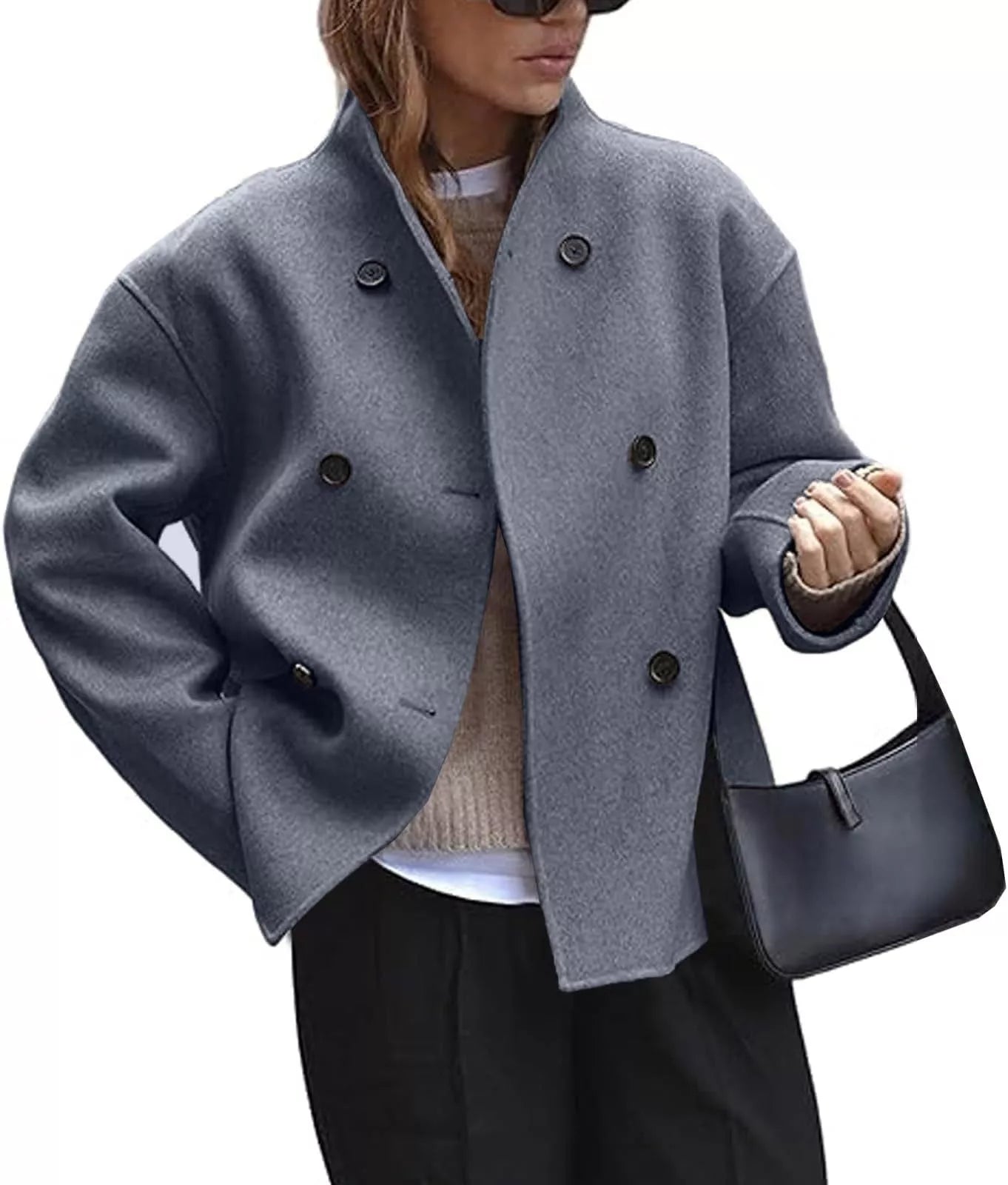 Double-faced woolen coat with three-row buttons in plaid and tweedst pattern for autumn and winter