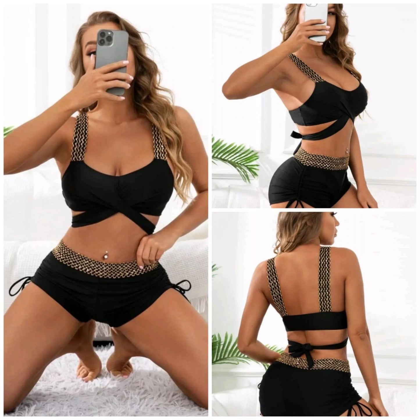 Solid color high waist bikini for women in black, featuring a bra and shorts set made from durable nylon.