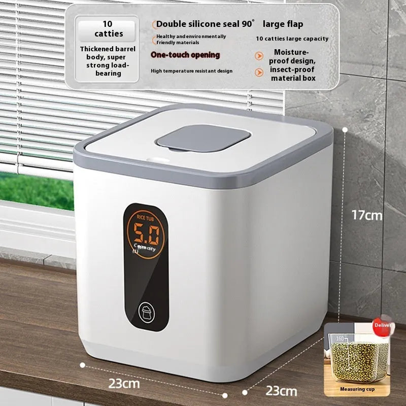 Gray food-grade plastic rice jar with airtight lid and measuring cup for insect-proof storage