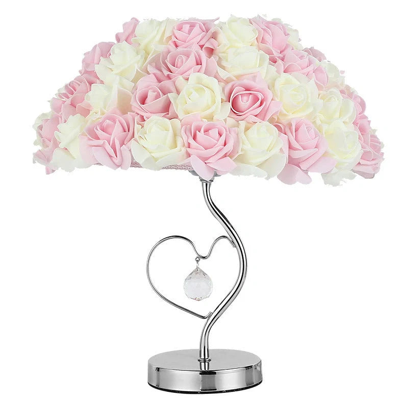 Rose heart-shaped table lamp with metal base in blue colour, measuring 44cm tall
