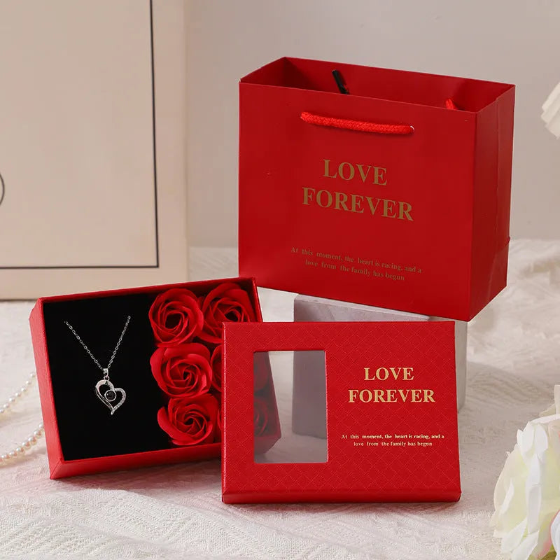 Red soap flower gift set in Korean-style box measuring 12.5cm with handbag