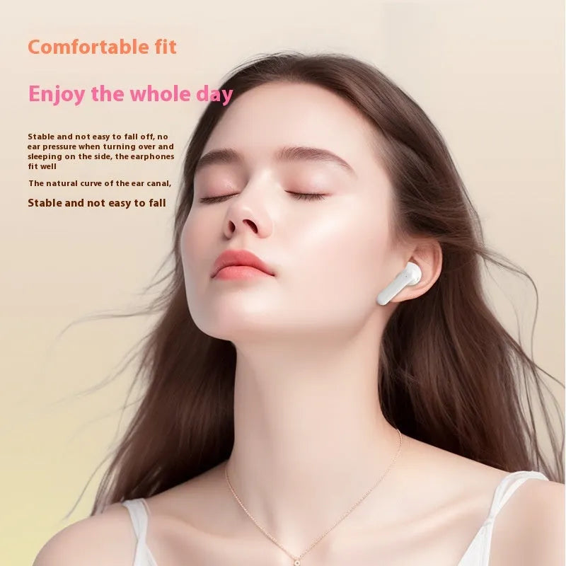 Wireless Bluetooth earbuds with noise reduction, sports style, available in black, white, or skin colour, plastic.