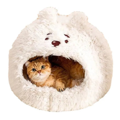 Semi-enclosed cat litter kennel tent in yurt style with bear design.