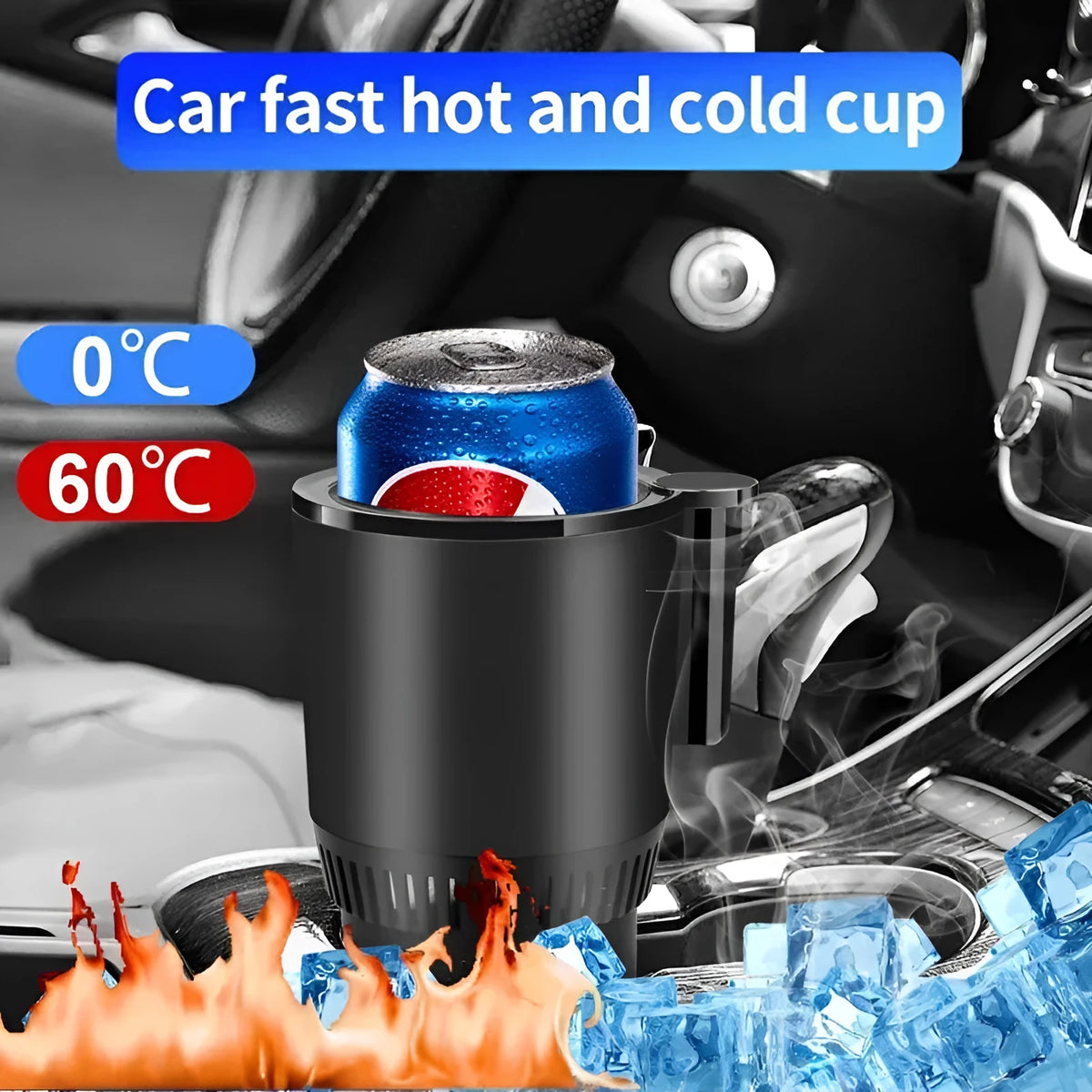 Black smart car cup holder with digital temperature display for heating and cooling drinks