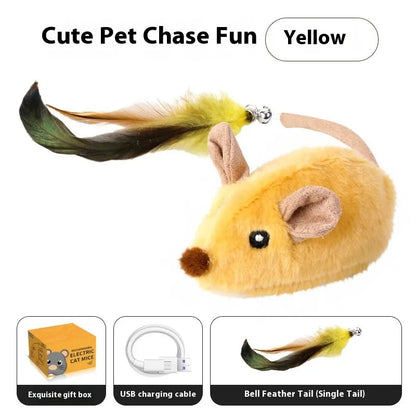Intelligent charging simulation electric mouse cat teaser toy in gray or yellow with feather tail attachments