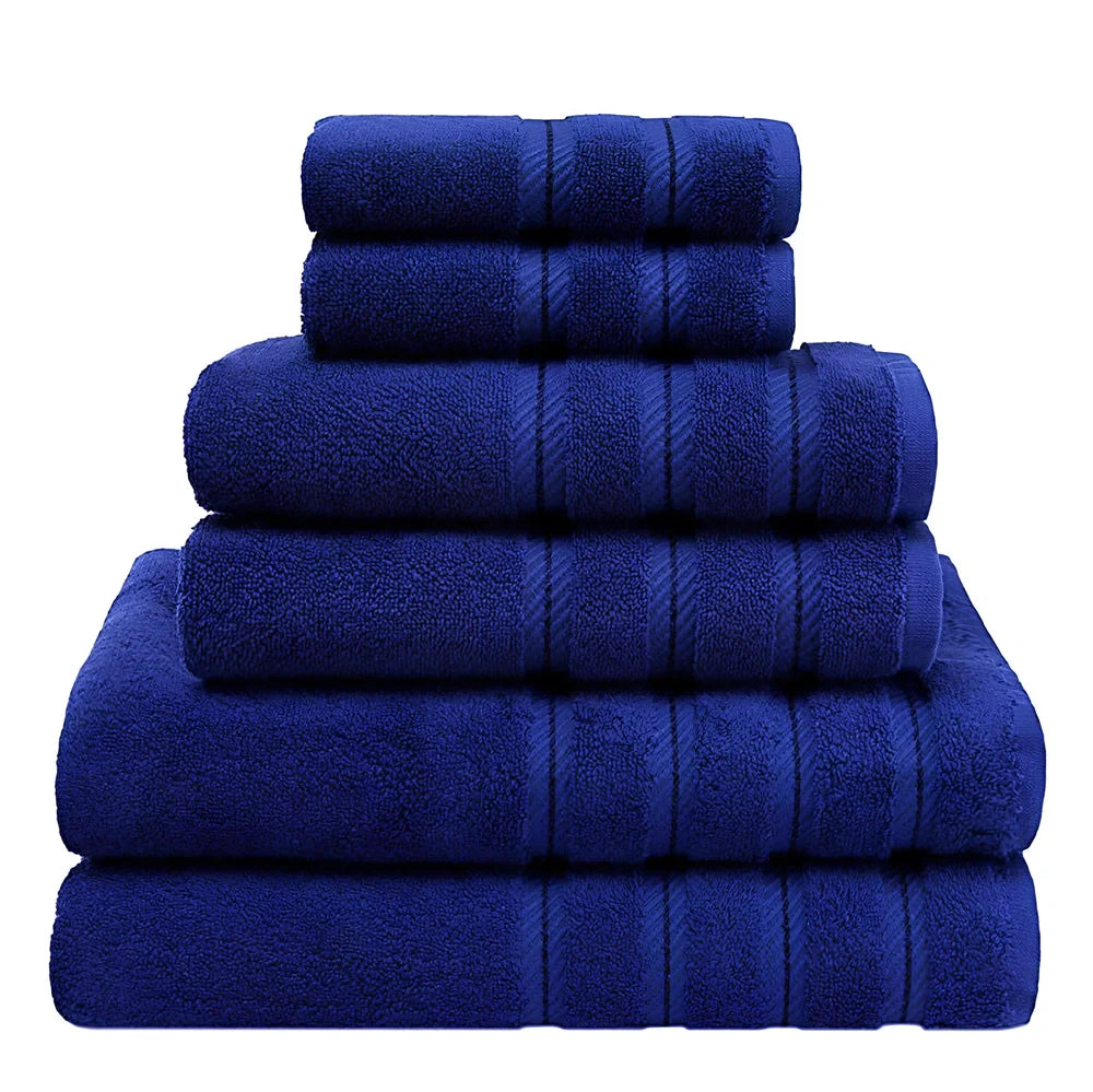 Long staple cotton towel set with three sizes: face cloth, hand towel, and bath sheet in navy blue