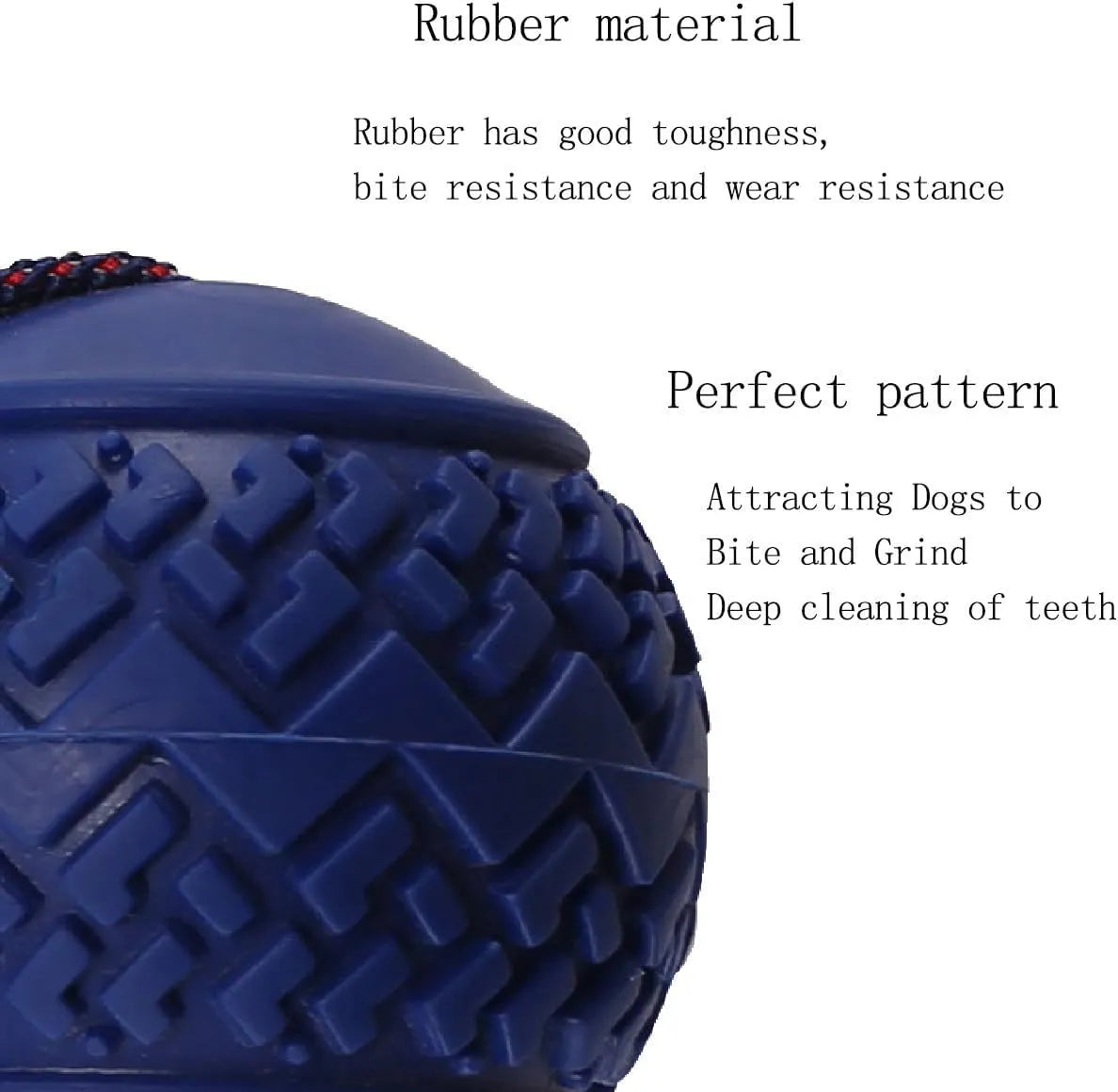 Blue dog ball with rope toy showing 6.5cm textured rubber ball attached to 29cm rope for dental cleaning and tug-of-war