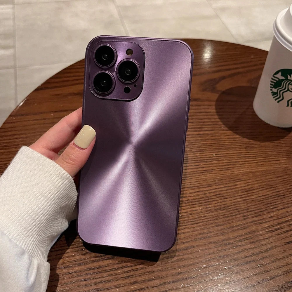 Dustproof metal iPhone case with raised lens protector in dark purple colour